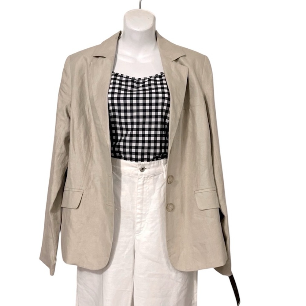 Merona Women’s Linen Oatmeal Beige Three Button Fitted Collared Blazer Jacket M
